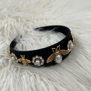 Bumblebee headband. Satin black. Crystal, pearl, and gold color headband.